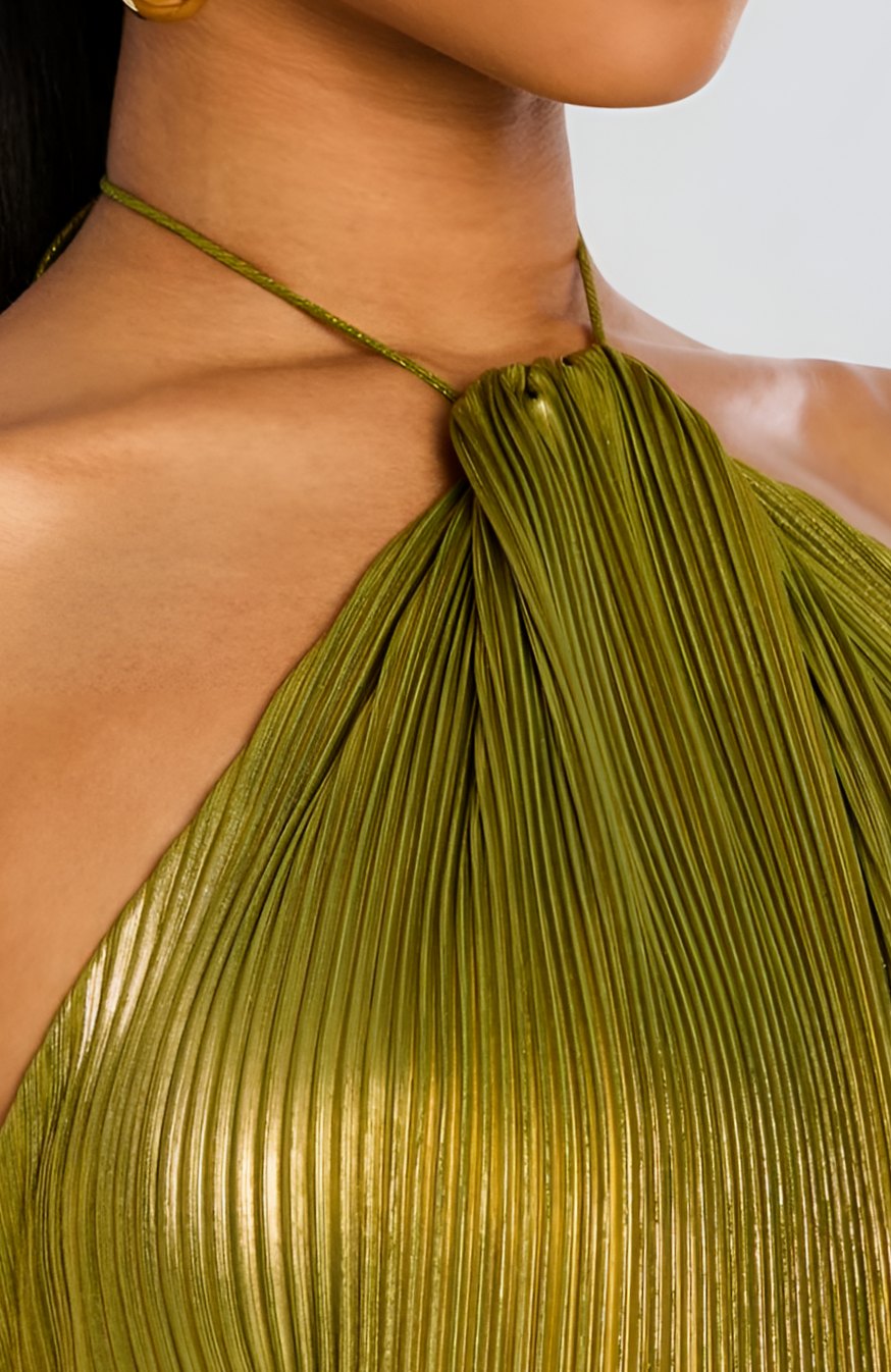 Vera | Halter Neck Pleated High Slit Backless Maxi Gown