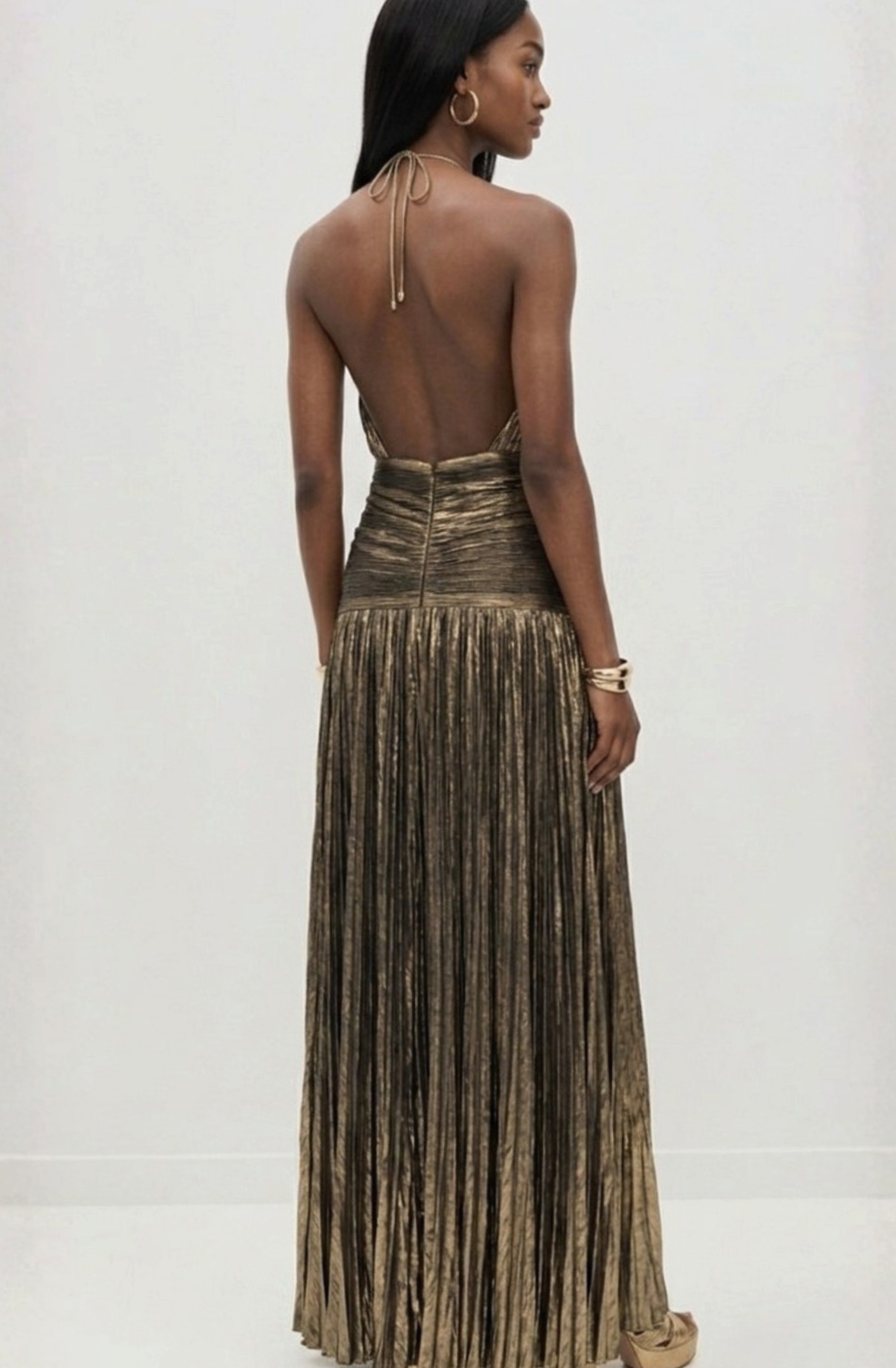 Vera | Halter Neck Pleated High Slit Backless Maxi Gown