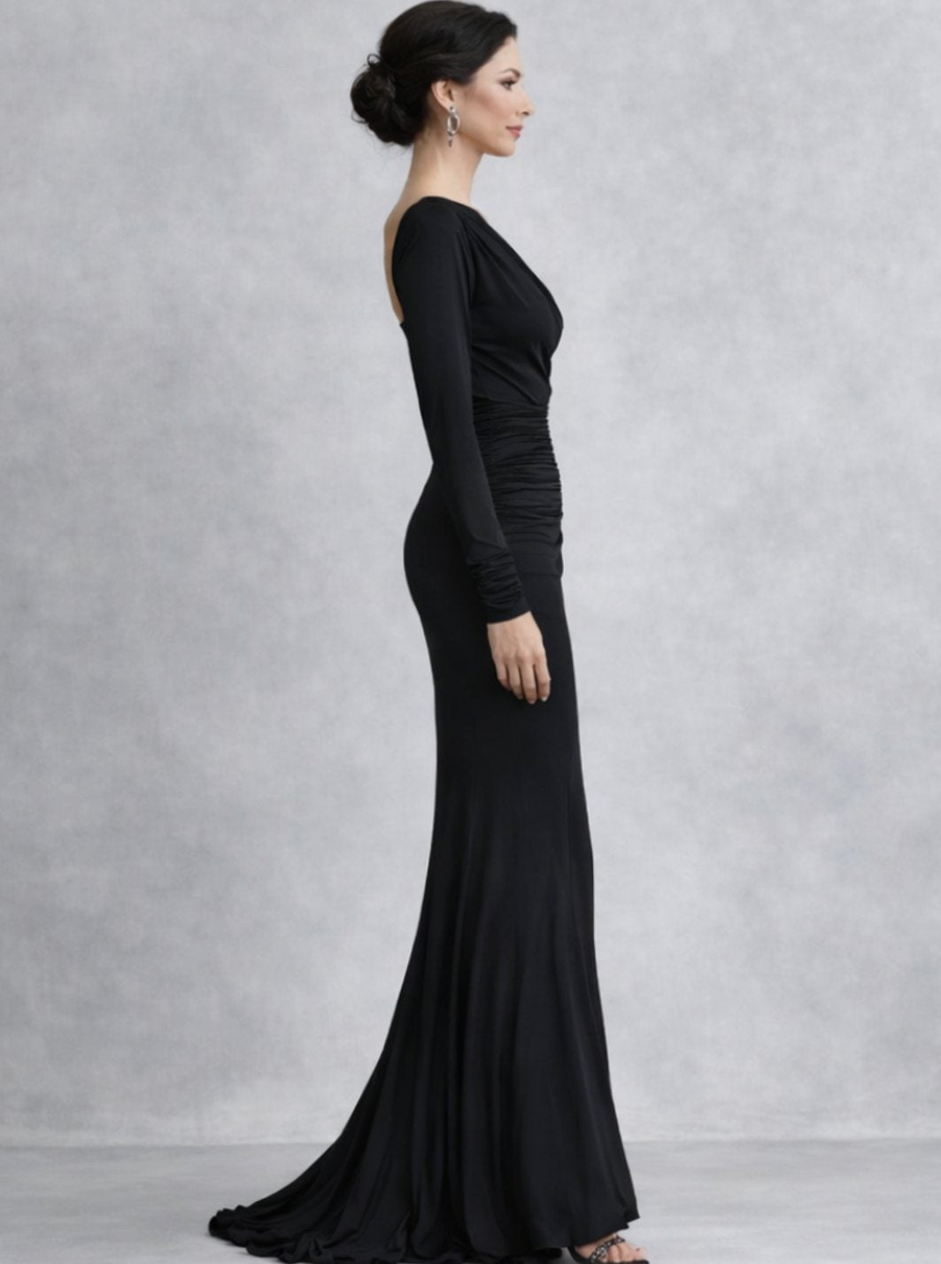 Emma | One Shoulder Ruched Long Sleeve Fitted Maxi Gown