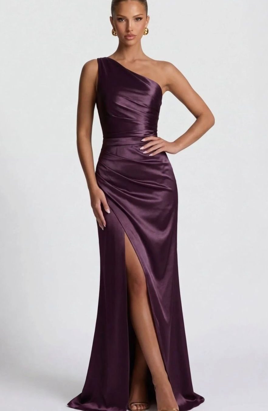 Delia | One Shoulder Ruched Satin Formal Maxi Dress