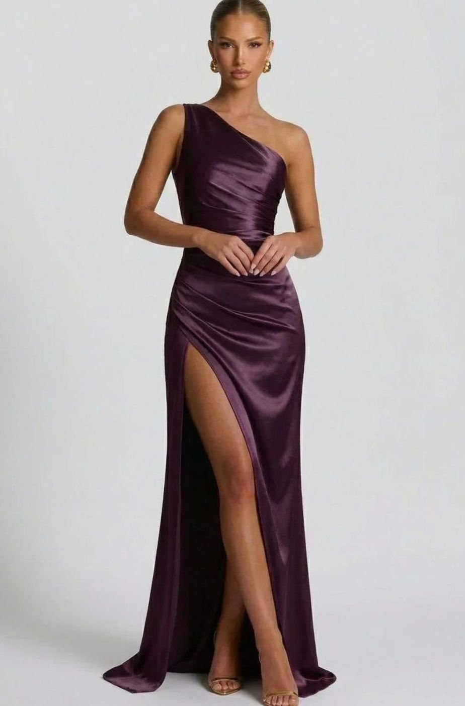 Delia | One Shoulder Ruched Satin Formal Maxi Dress
