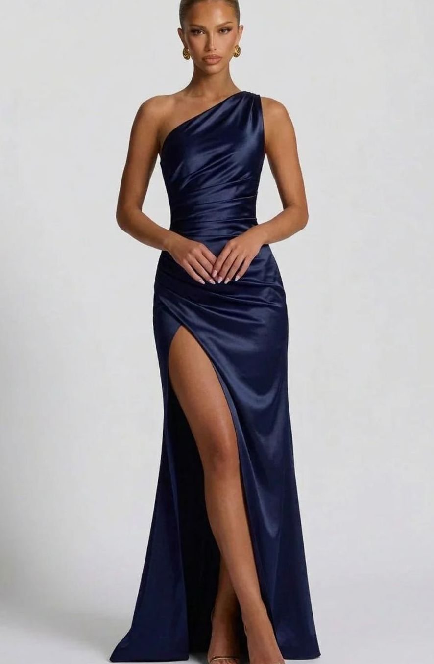 Delia | One Shoulder Ruched Satin Formal Maxi Dress