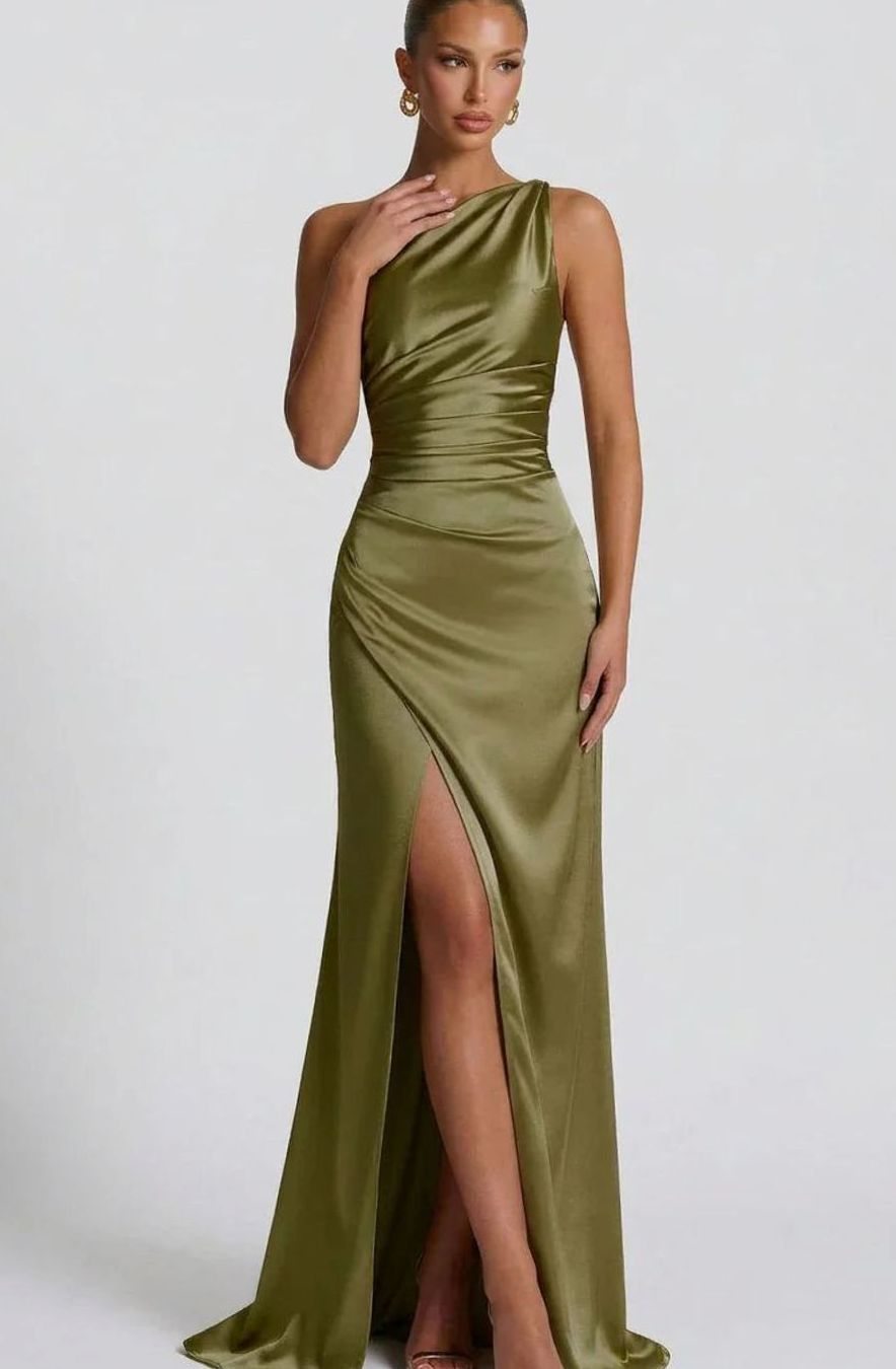 Delia | One Shoulder Ruched Satin Formal Maxi Dress