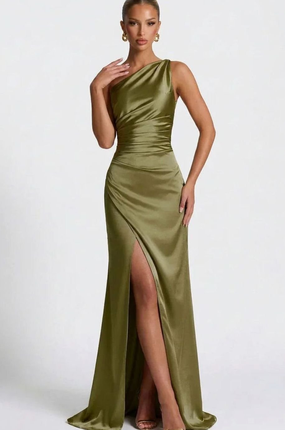 Delia | One Shoulder Ruched Satin Formal Maxi Dress