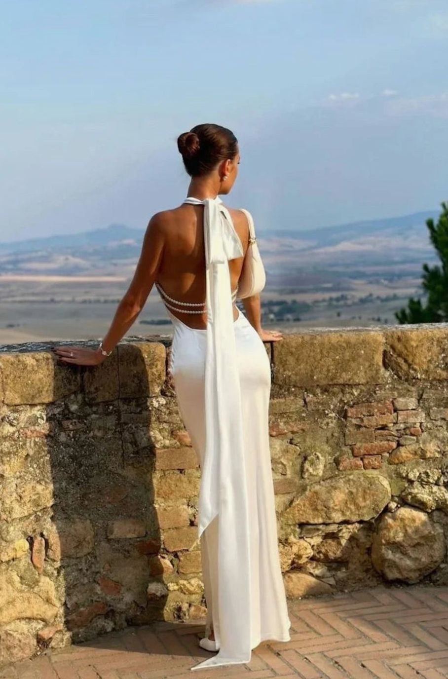 Cecily | Open Back Pearl Detail Halter Formal Maxi Gown
