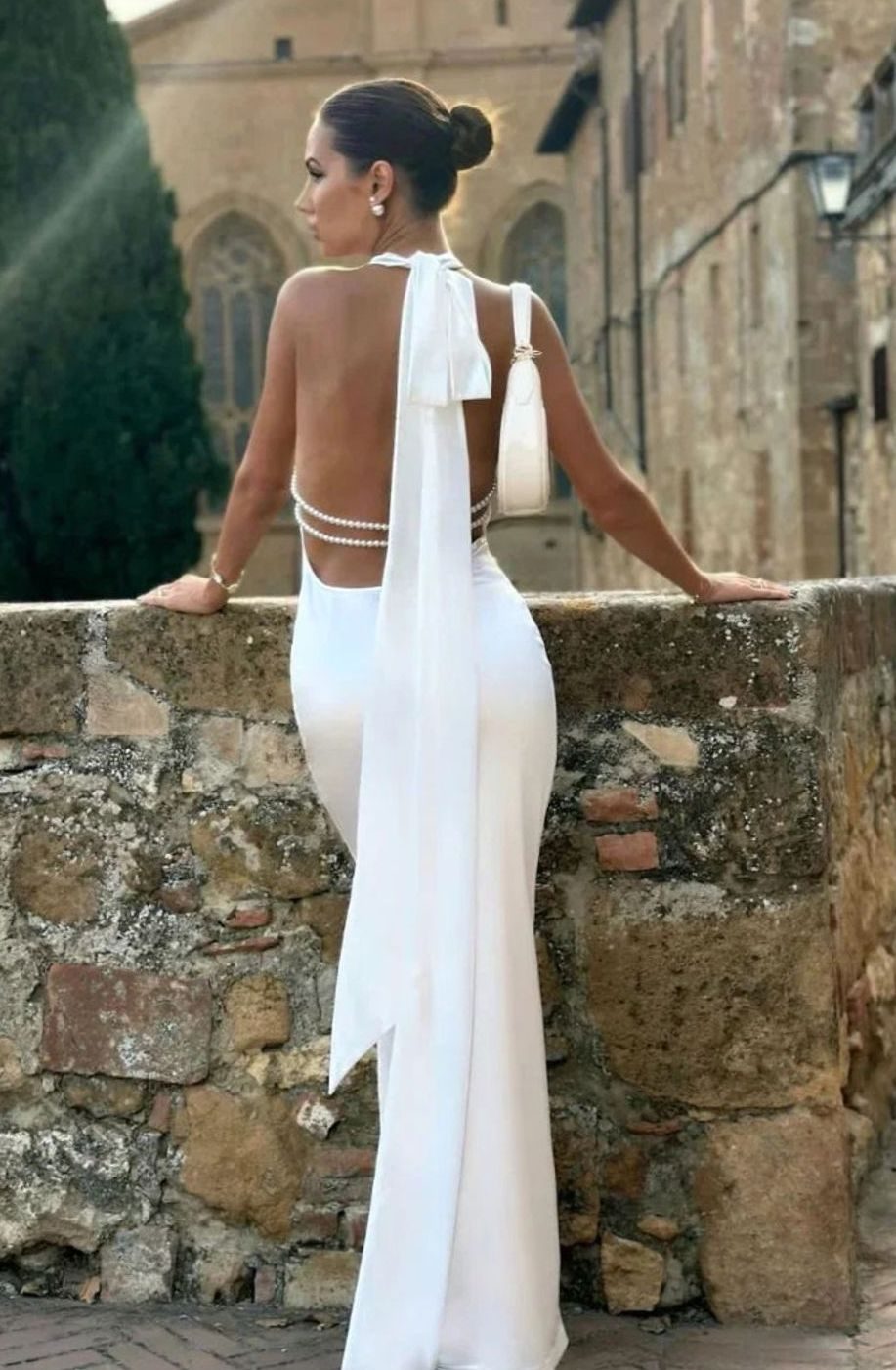 Cecily | Open Back Pearl Detail Halter Formal Maxi Gown