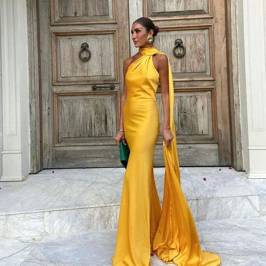 Cordelia | Satin One Shoulder Cape Open Back Maxi Gown
