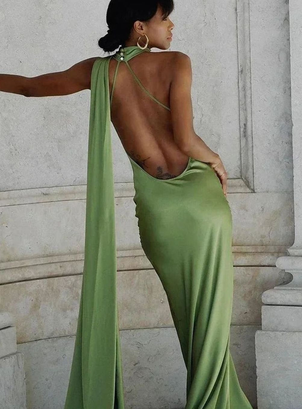 Cordelia | Satin One Shoulder Cape Open Back Maxi Gown