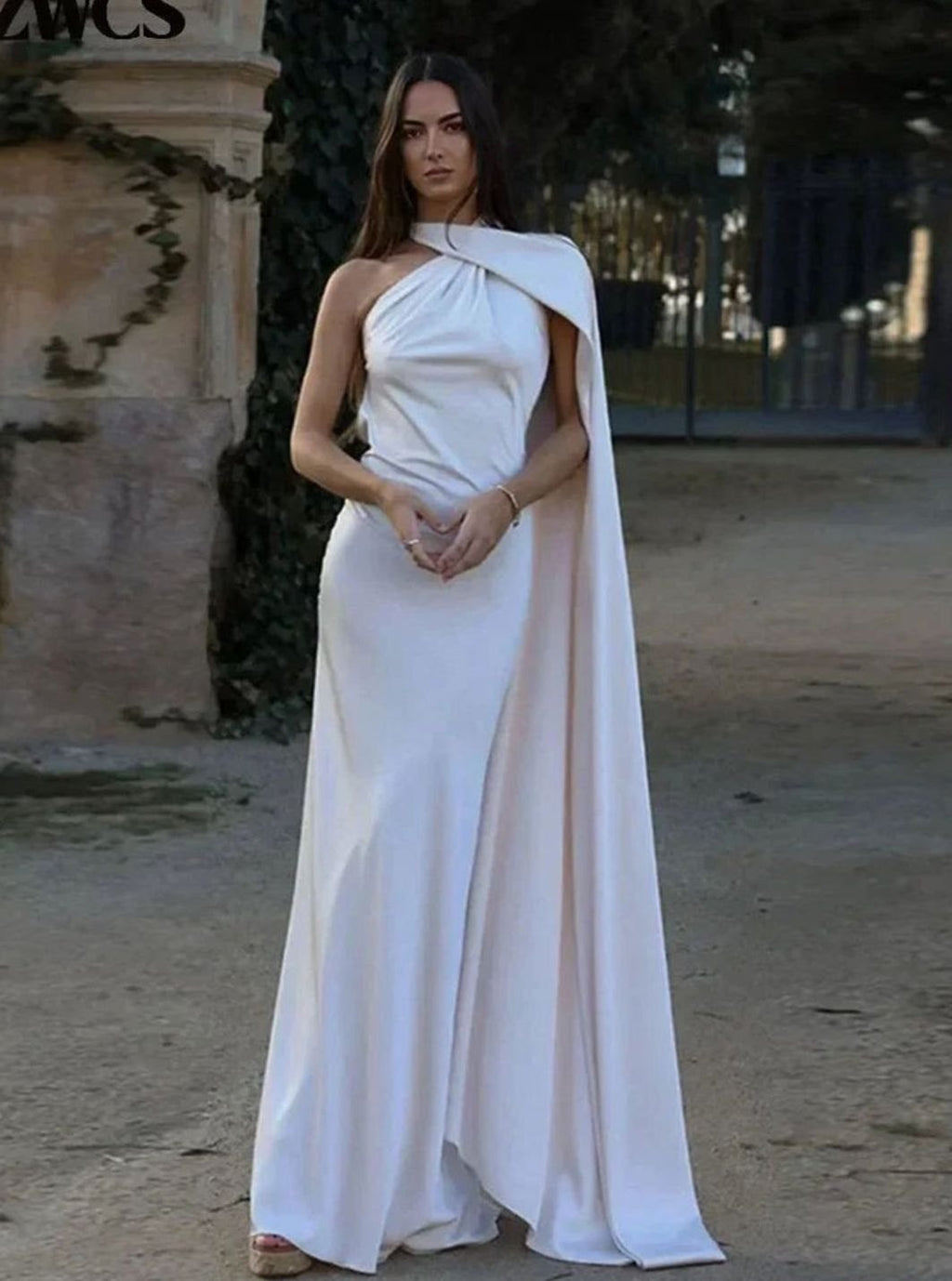 Cordelia | Satin One Shoulder Cape Open Back Maxi Gown