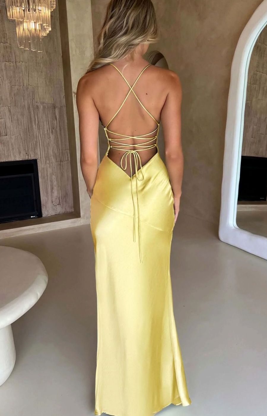 Rowena | Satin V Neck High Slit Halter Evening Maxi Dress