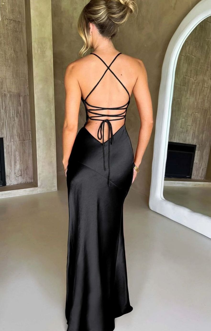 Rowena | Satin V Neck High Slit Halter Evening Maxi Dress