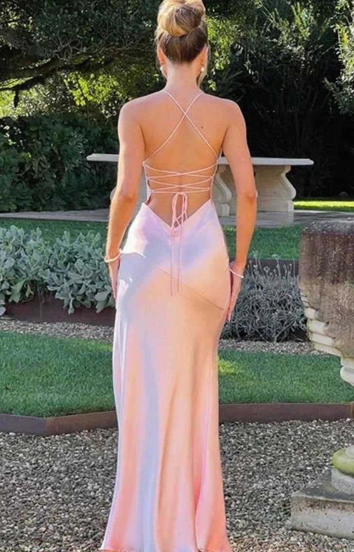 Rowena | Satin V Neck High Slit Halter Evening Maxi Dress