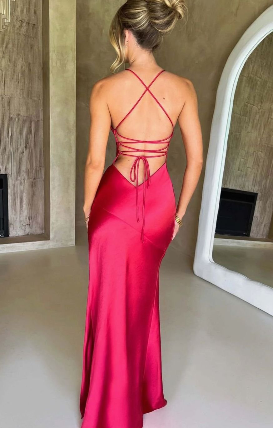 Rowena | Satin V Neck High Slit Halter Evening Maxi Dress