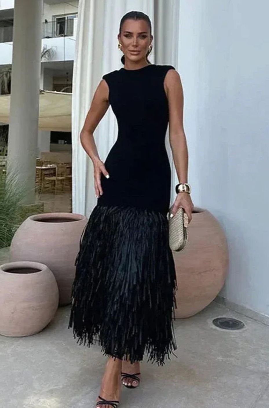 Margot | Sleeveless Fringe Hem Fitted Midi Dress
