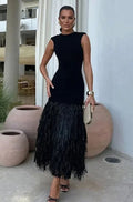 Margot | Sleeveless Fringe Hem Fitted Midi Dress