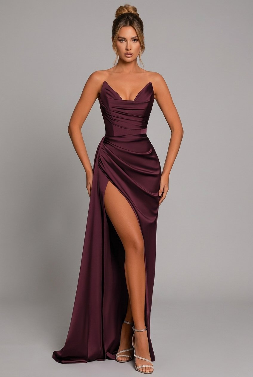 Winifred | Strapless Ruched Satin High Slit Formal Maxi Dress