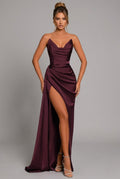 Winifred | Strapless Ruched Satin High Slit Formal Maxi Dress