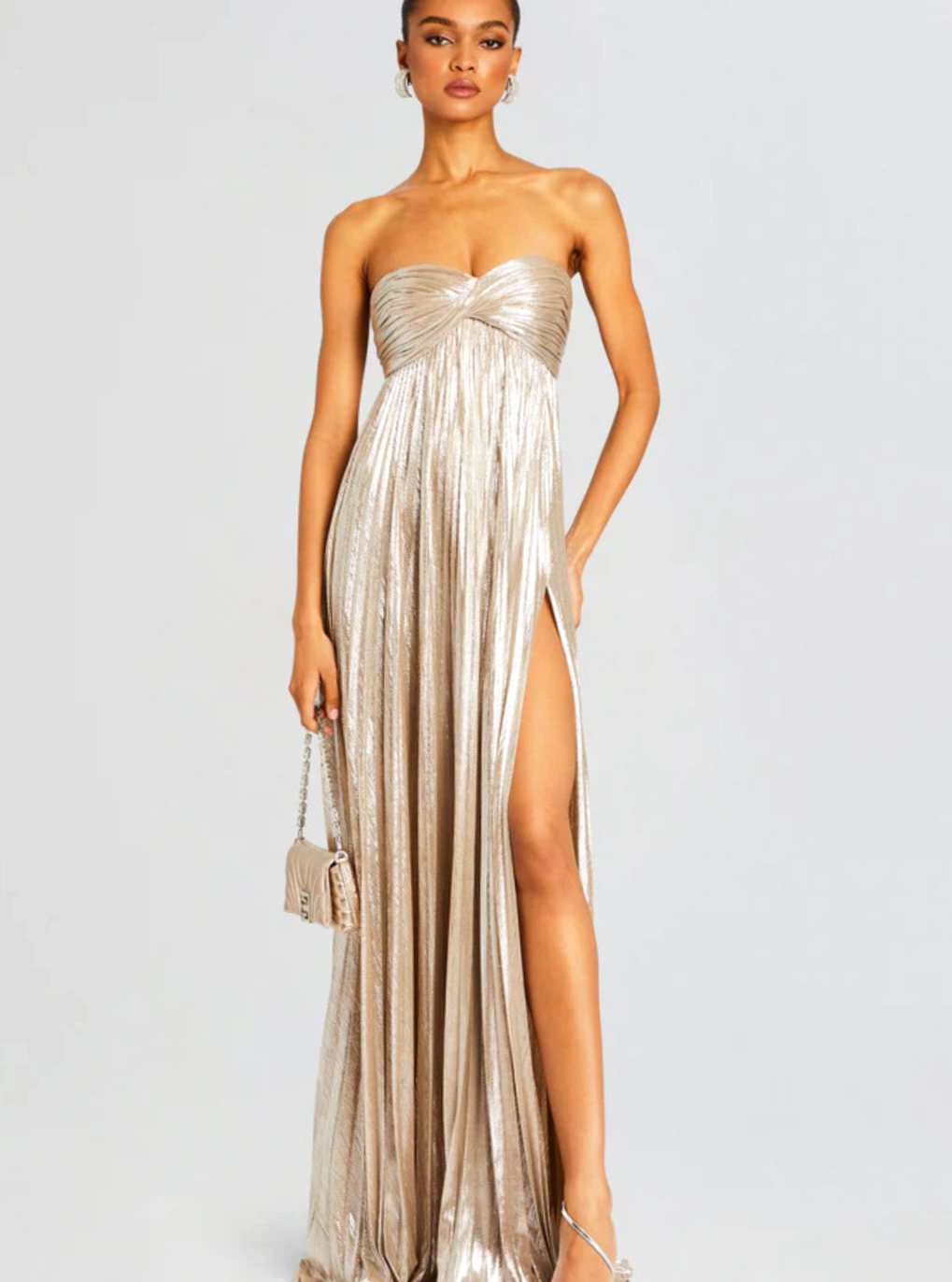 Genevieve | Strapless Twisted Bodice Pleated High Slit Maxi Dress