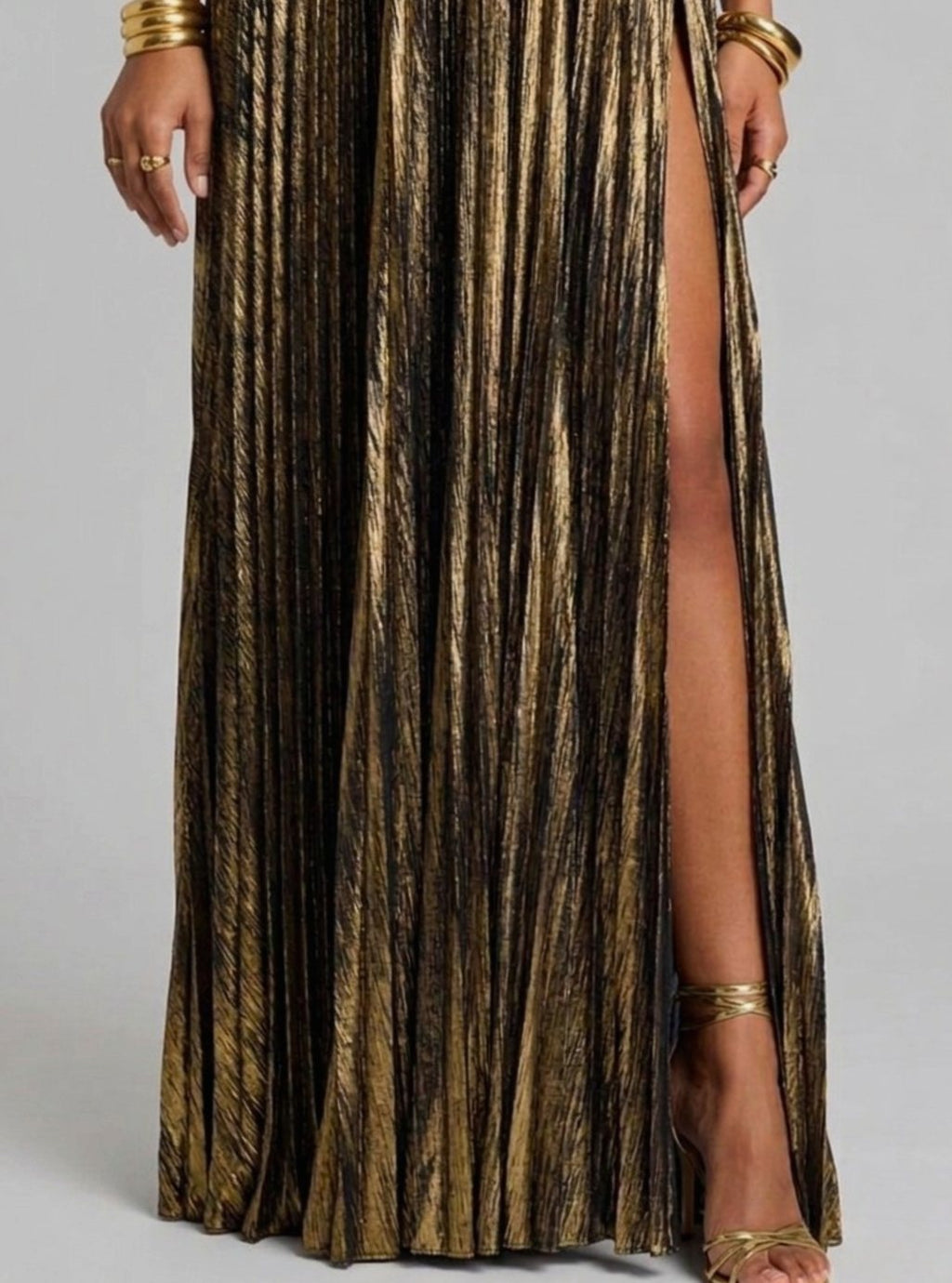 Genevieve | Strapless Twisted Bodice Pleated High Slit Maxi Dress