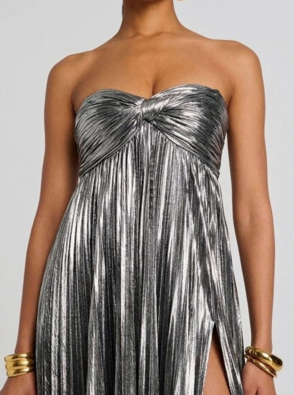 Genevieve | Strapless Twisted Bodice Pleated High Slit Maxi Dress