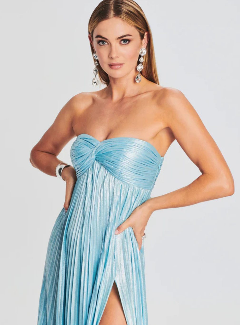 Genevieve | Strapless Twisted Bodice Pleated High Slit Maxi Dress