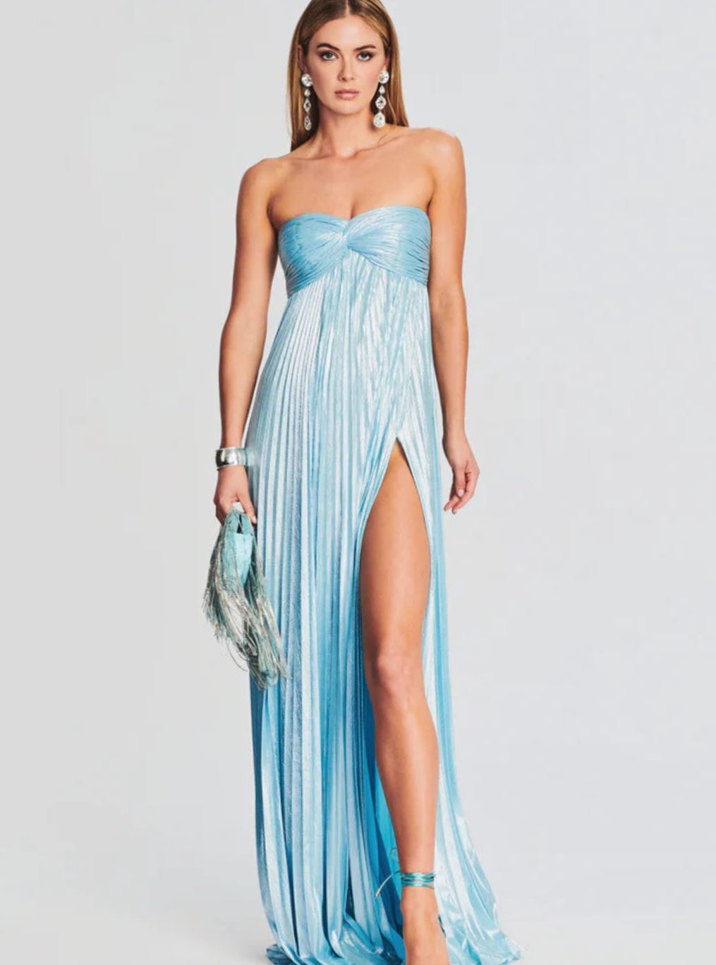 Genevieve | Strapless Twisted Bodice Pleated High Slit Maxi Dress