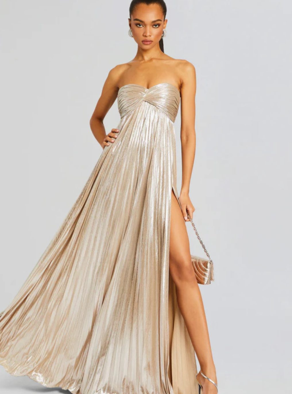 Genevieve | Strapless Twisted Bodice Pleated High Slit Maxi Dress