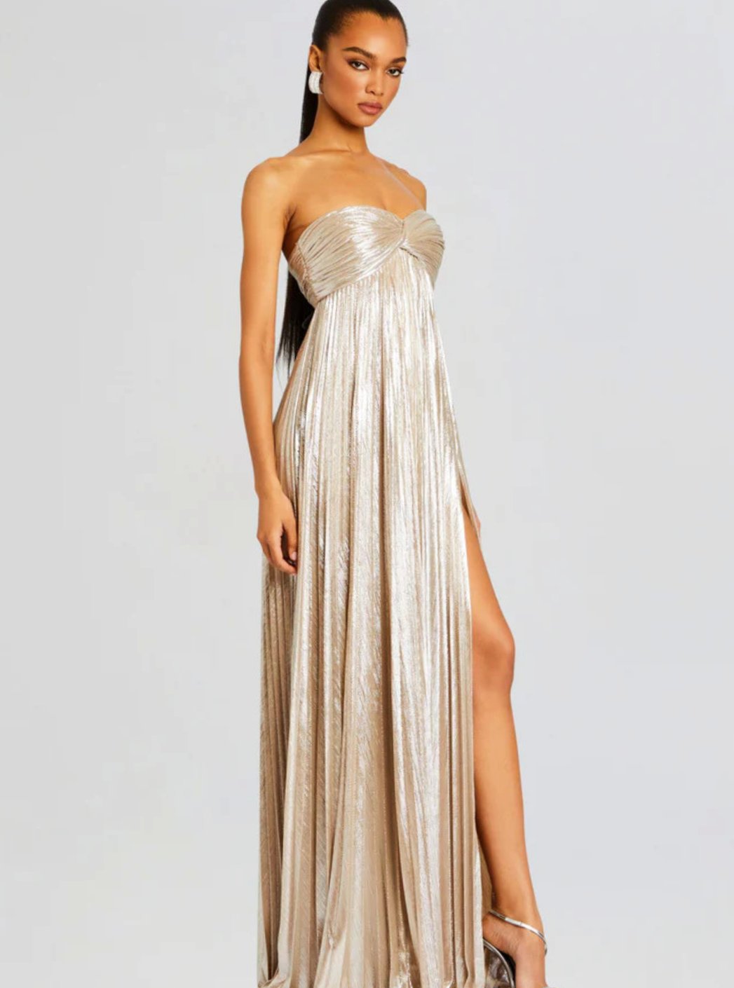 Genevieve | Strapless Twisted Bodice Pleated High Slit Maxi Dress