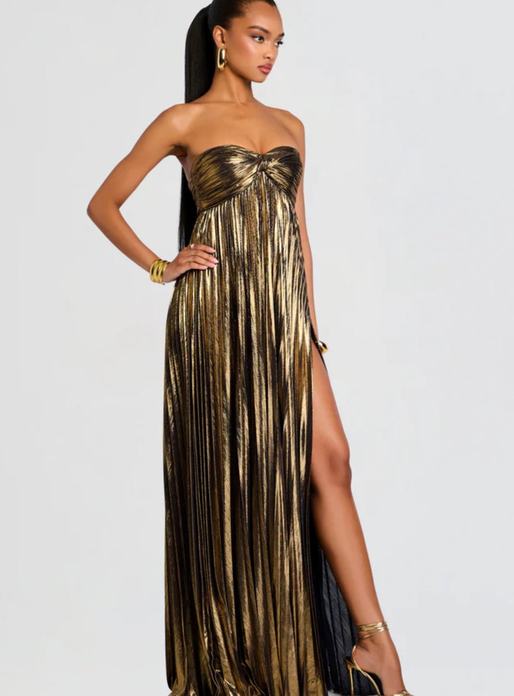 Genevieve | Strapless Twisted Bodice Pleated High Slit Maxi Dress