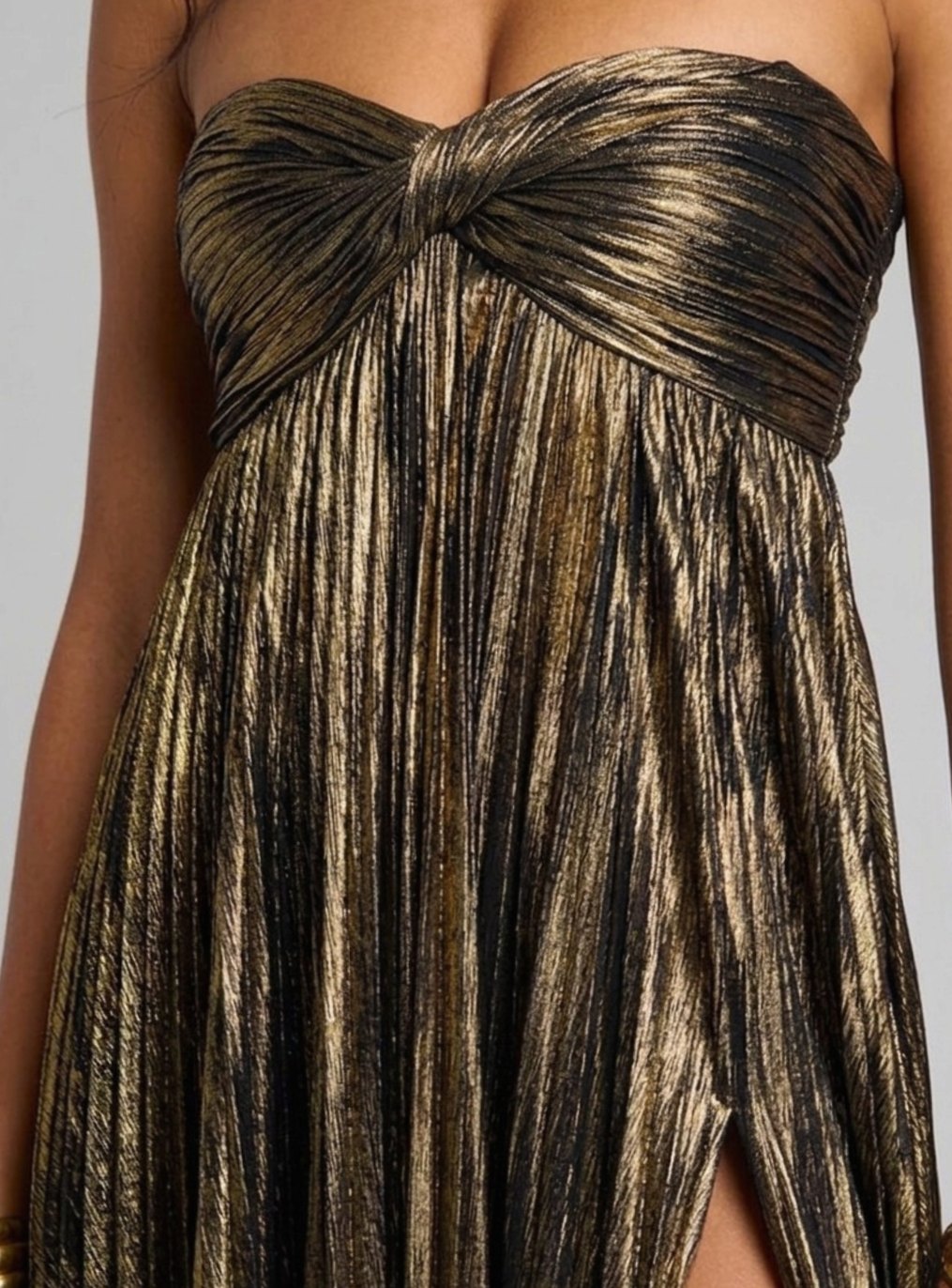 Genevieve | Strapless Twisted Bodice Pleated High Slit Maxi Dress