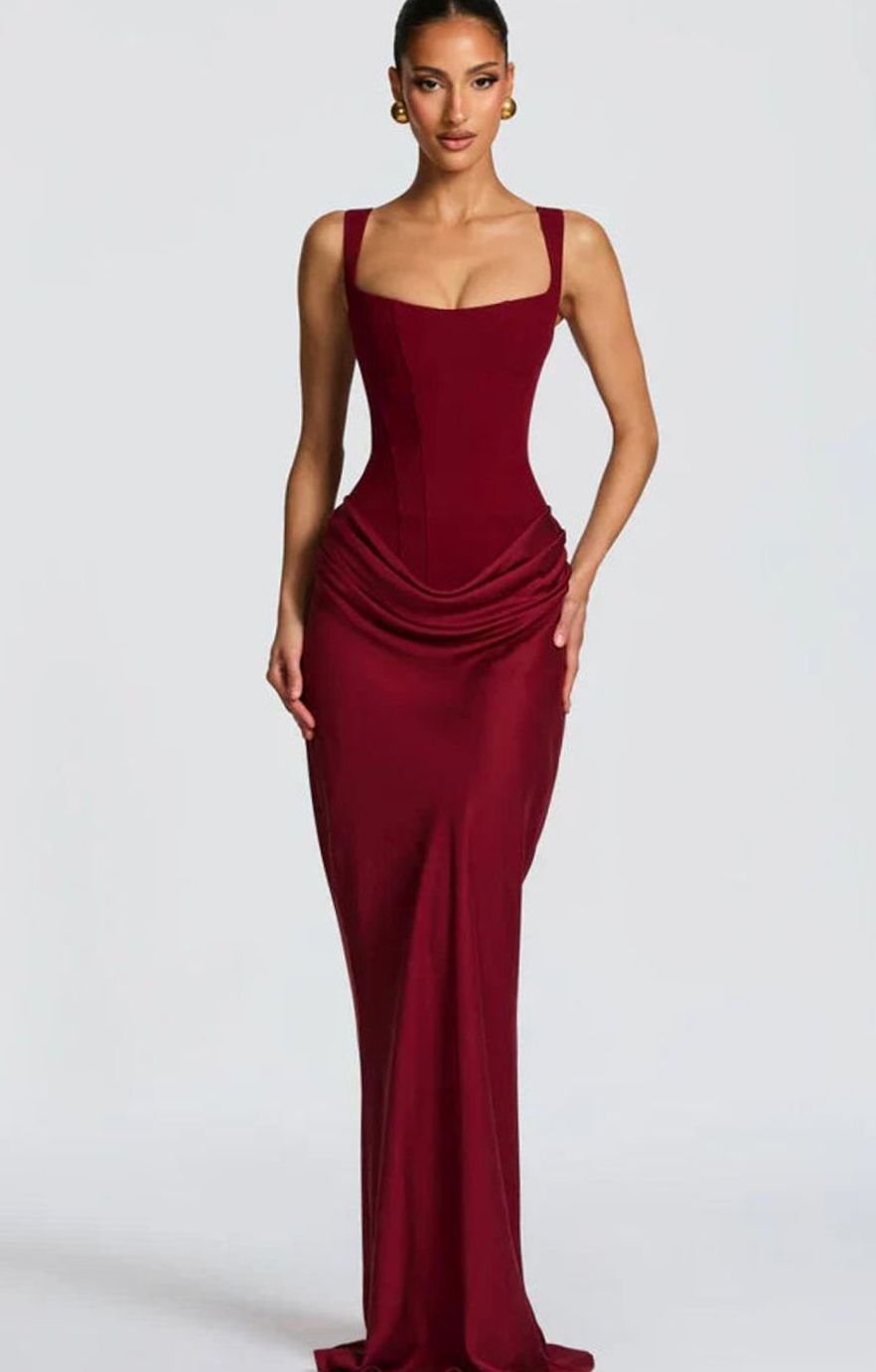 Estelle | Structured Bodice Square Neck Draped Satin Maxi Dress