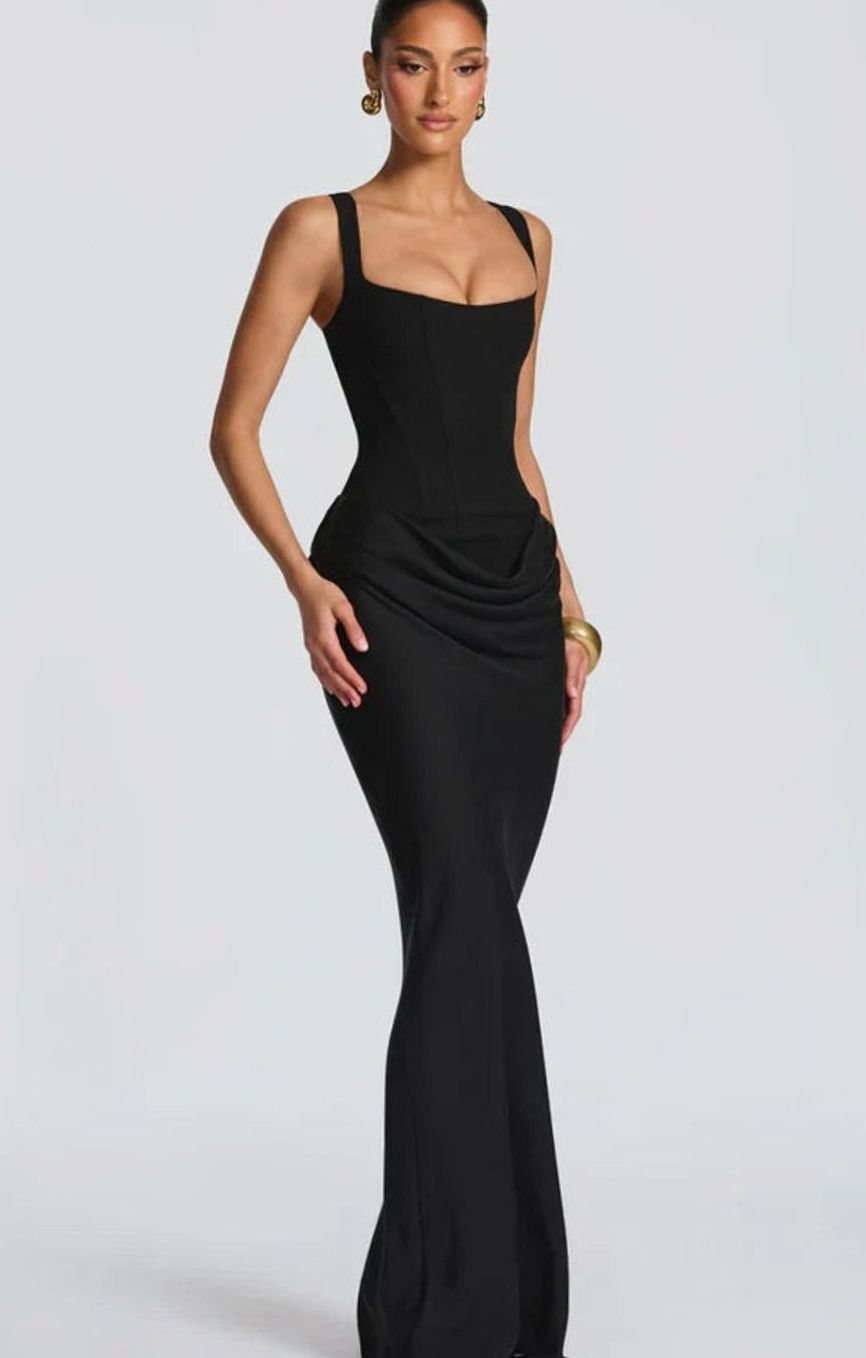 Estelle | Structured Bodice Square Neck Draped Satin Maxi Dress