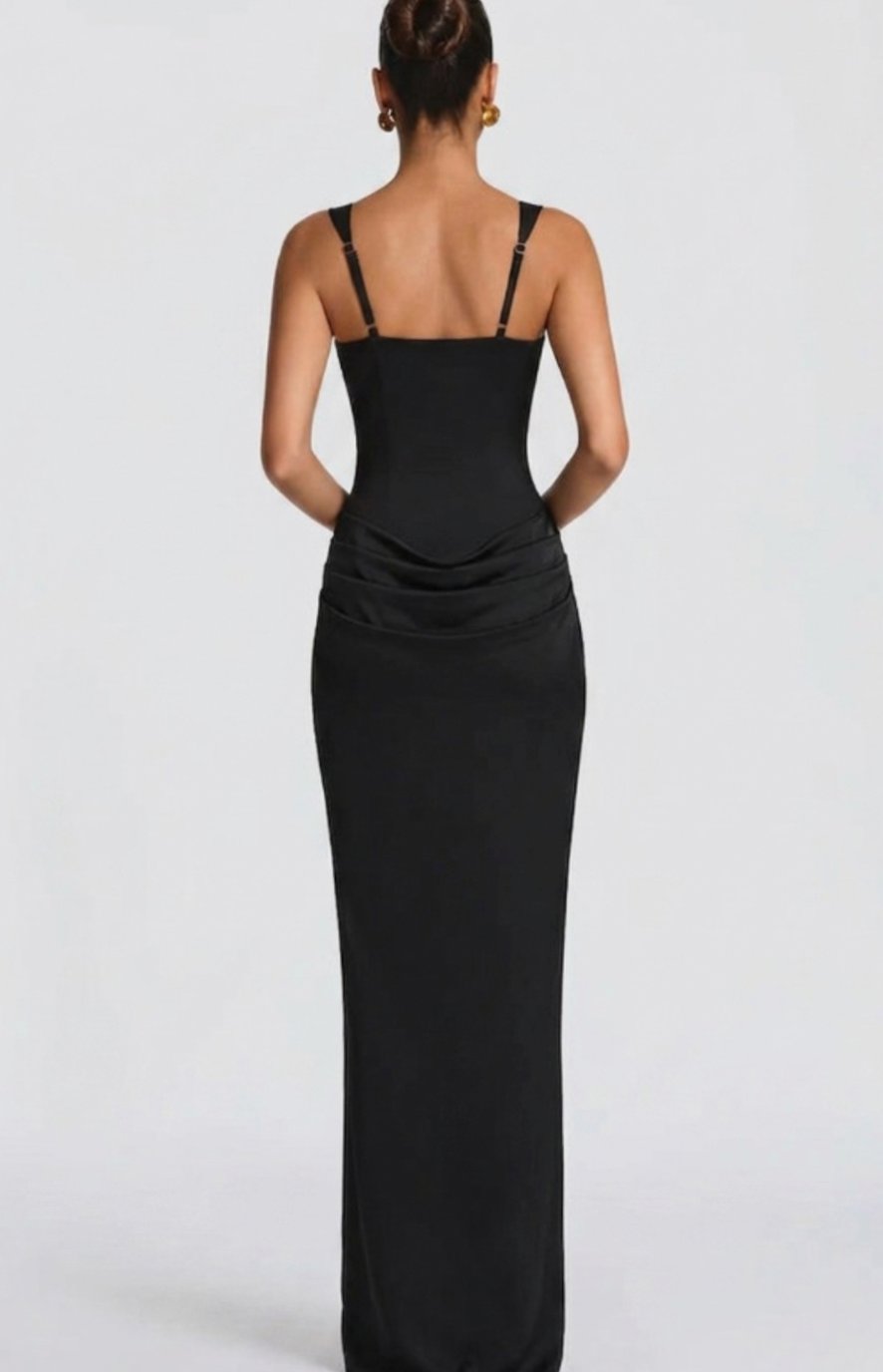 Estelle | Structured Bodice Square Neck Draped Satin Maxi Dress