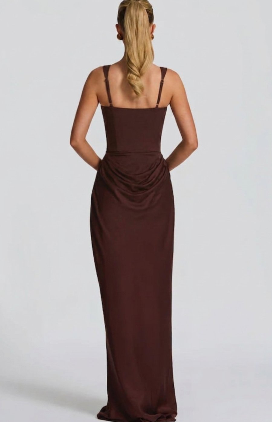 Estelle | Structured Bodice Square Neck Draped Satin Maxi Dress
