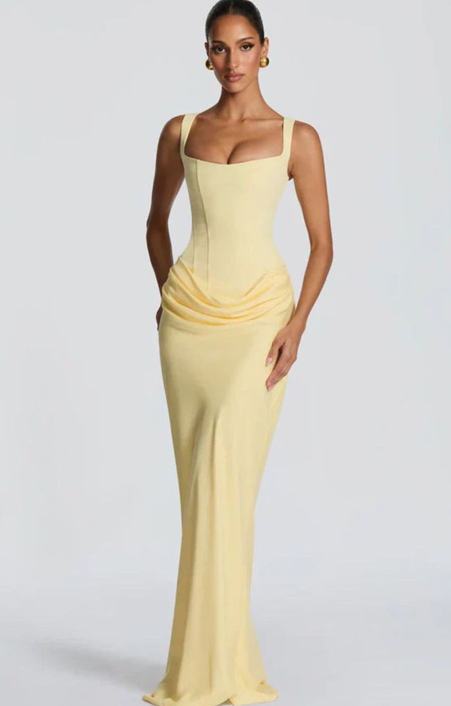 Estelle | Structured Bodice Square Neck Draped Satin Maxi Dress