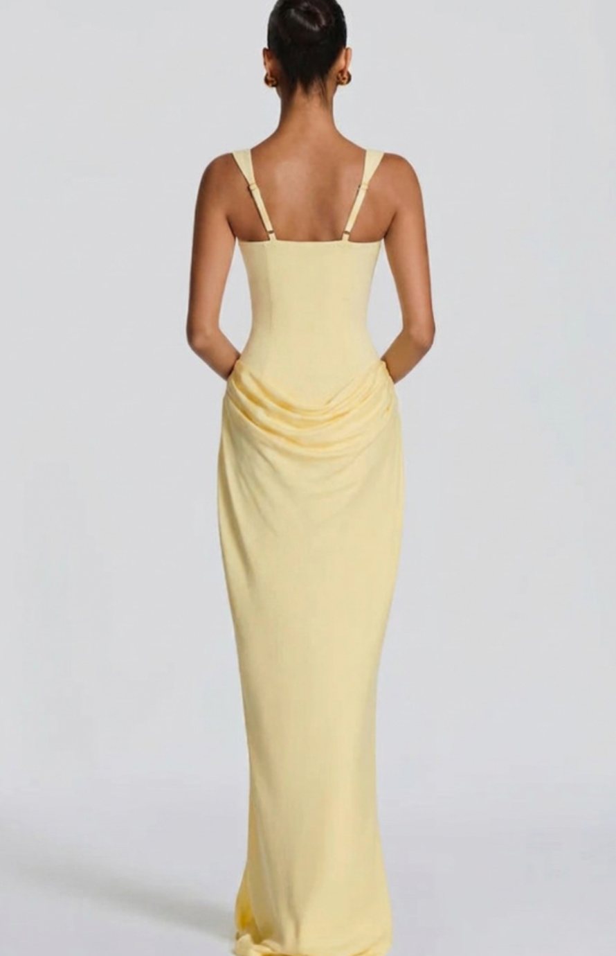 Estelle | Structured Bodice Square Neck Draped Satin Maxi Dress