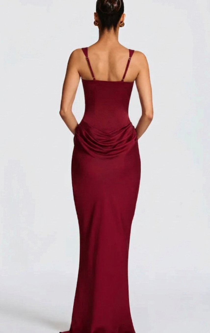 Estelle | Structured Bodice Square Neck Draped Satin Maxi Dress