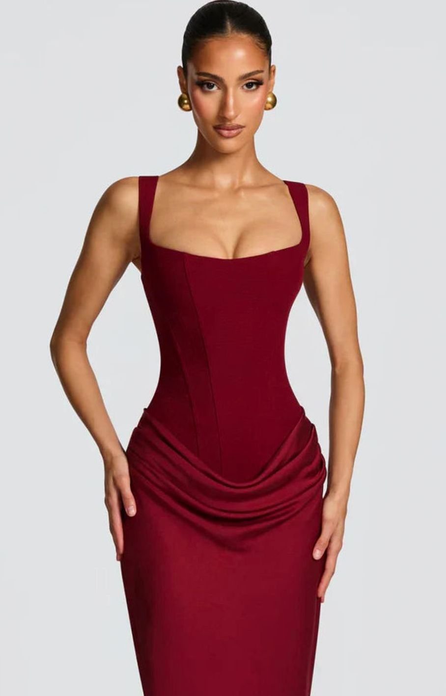 Estelle | Structured Bodice Square Neck Draped Satin Maxi Dress