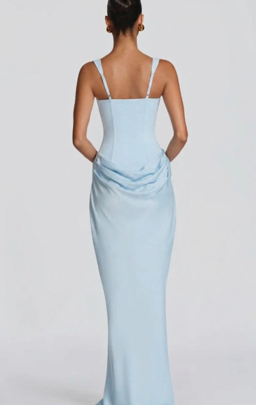Estelle | Structured Bodice Square Neck Draped Satin Maxi Dress