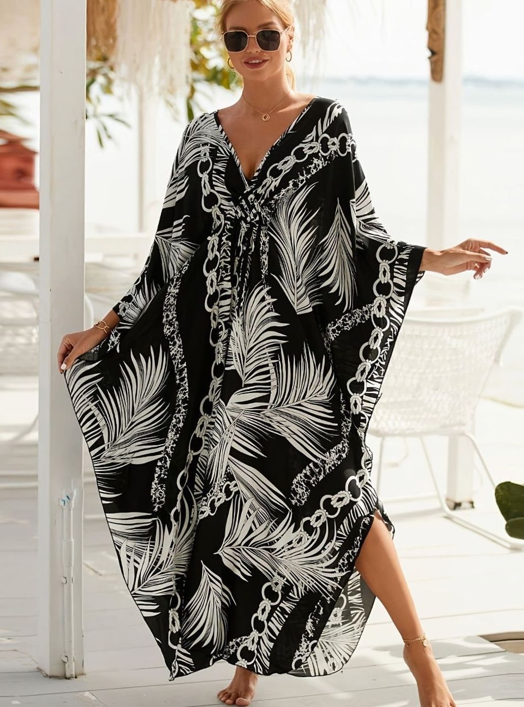 Isabella | Palm Print V Neck Kaftan Resort Maxi Dress