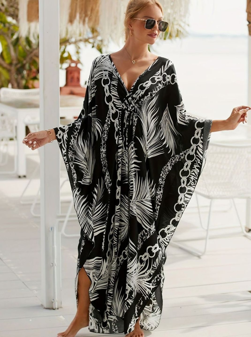 Isabella | Palm Print V Neck Kaftan Resort Maxi Dress