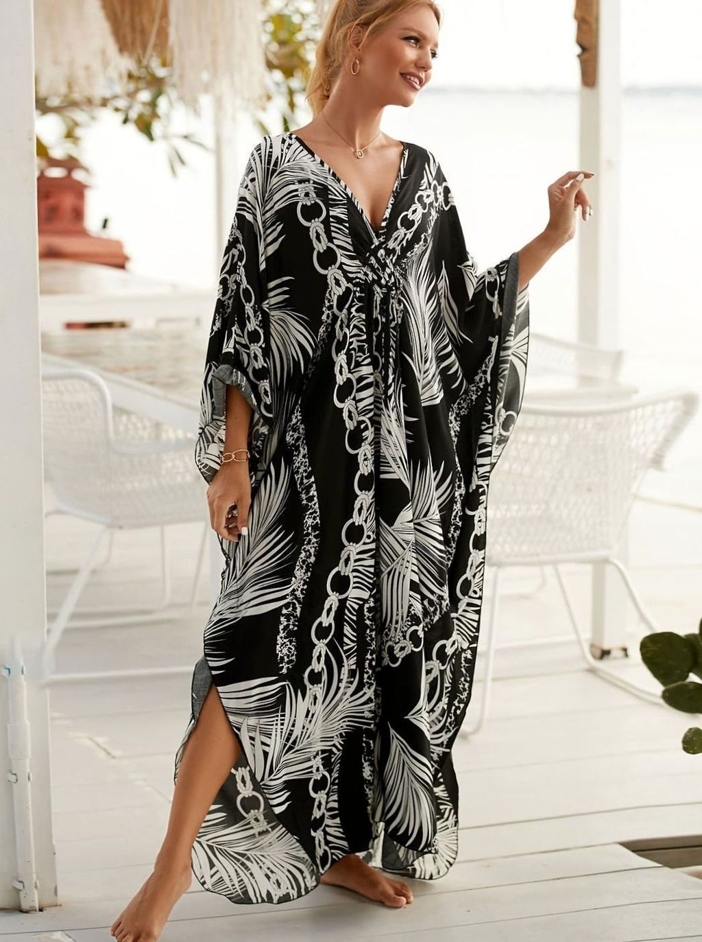 Isabella | Palm Print V Neck Kaftan Resort Maxi Dress