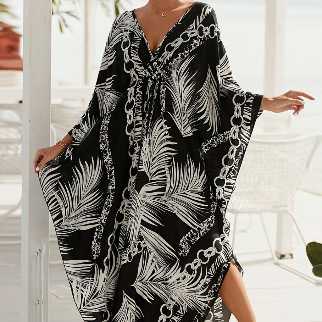 Isabella | Palm Print V Neck Kaftan Resort Maxi Dress