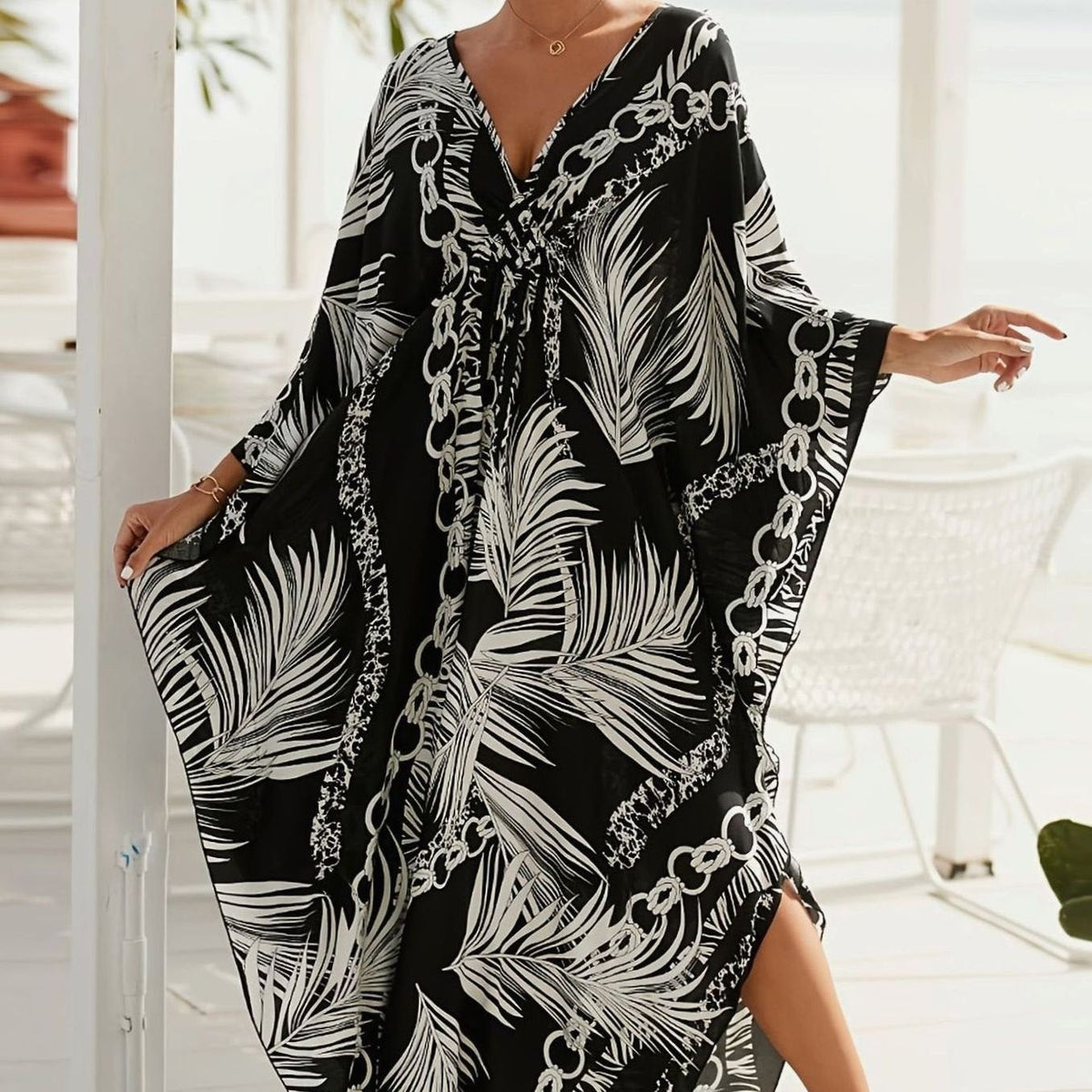 Isabella | Palm Print V Neck Kaftan Resort Maxi Dress