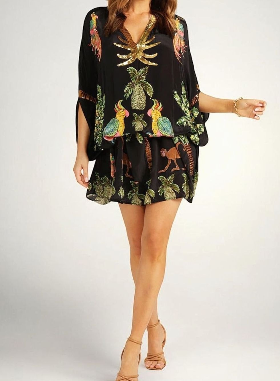 Amelia | Tropical Print Sequin Holiday Maxi Dress