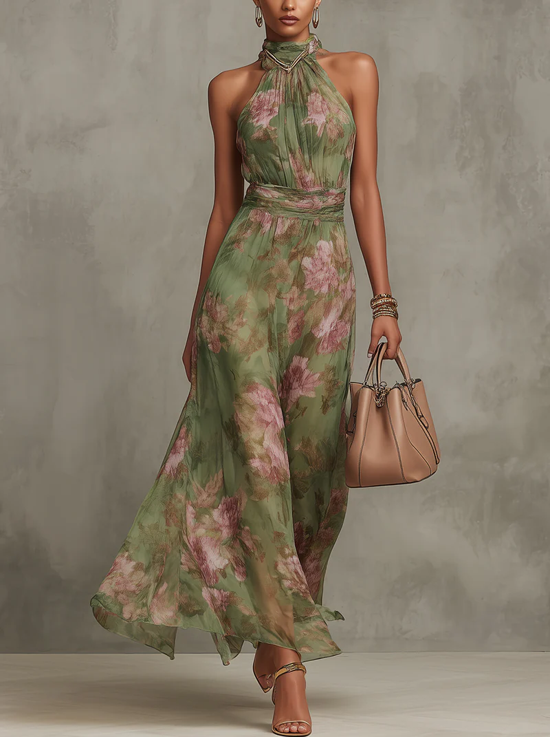 Sage green floral chiffon halter maxi dress with gathered high neck and waistband