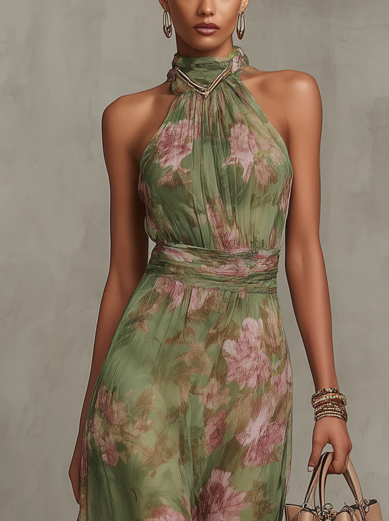Sage green floral chiffon halter maxi dress with gathered high neck and waistband - view 3