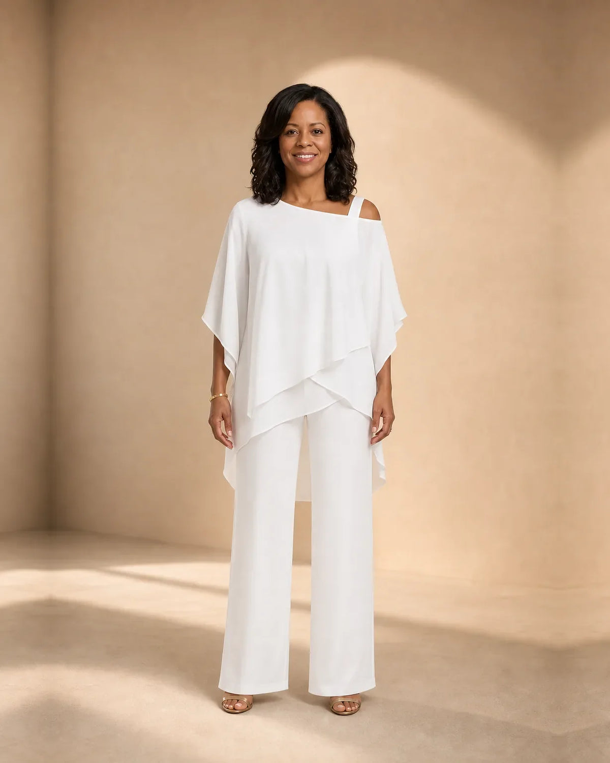 Women's two piece set with layered asymmetric top and wide-leg pants
