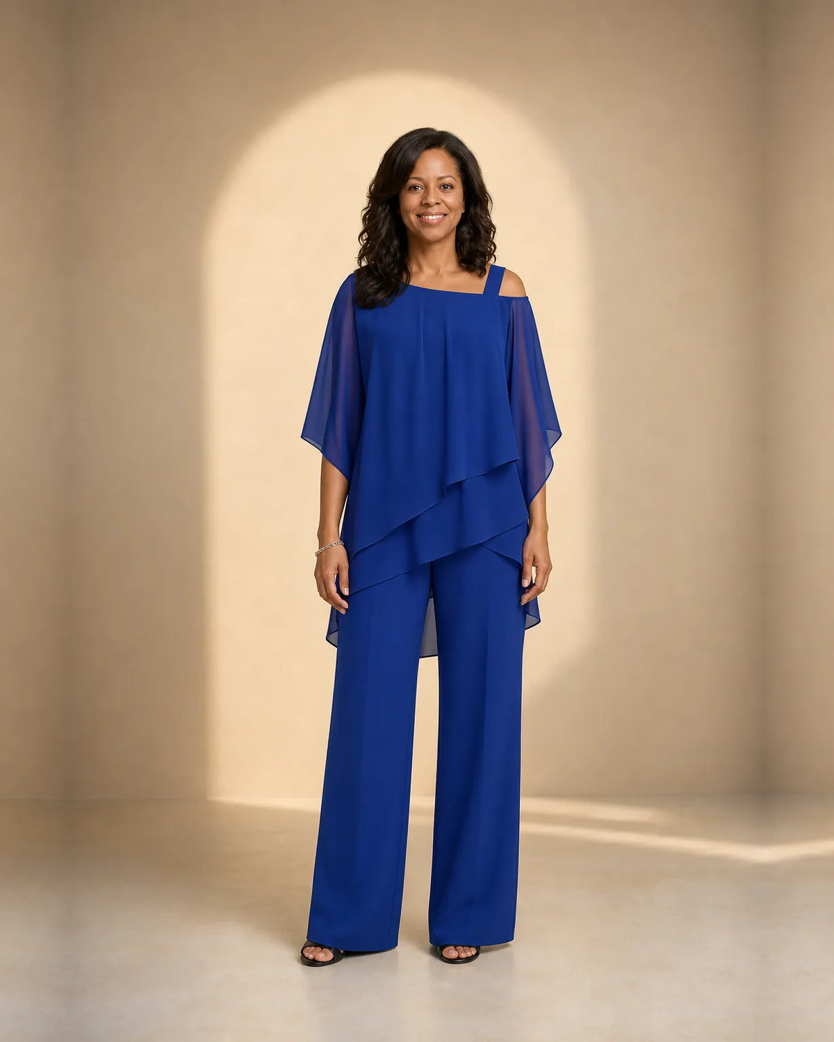 Women's two piece set with layered asymmetric top and wide-leg pants - view 3