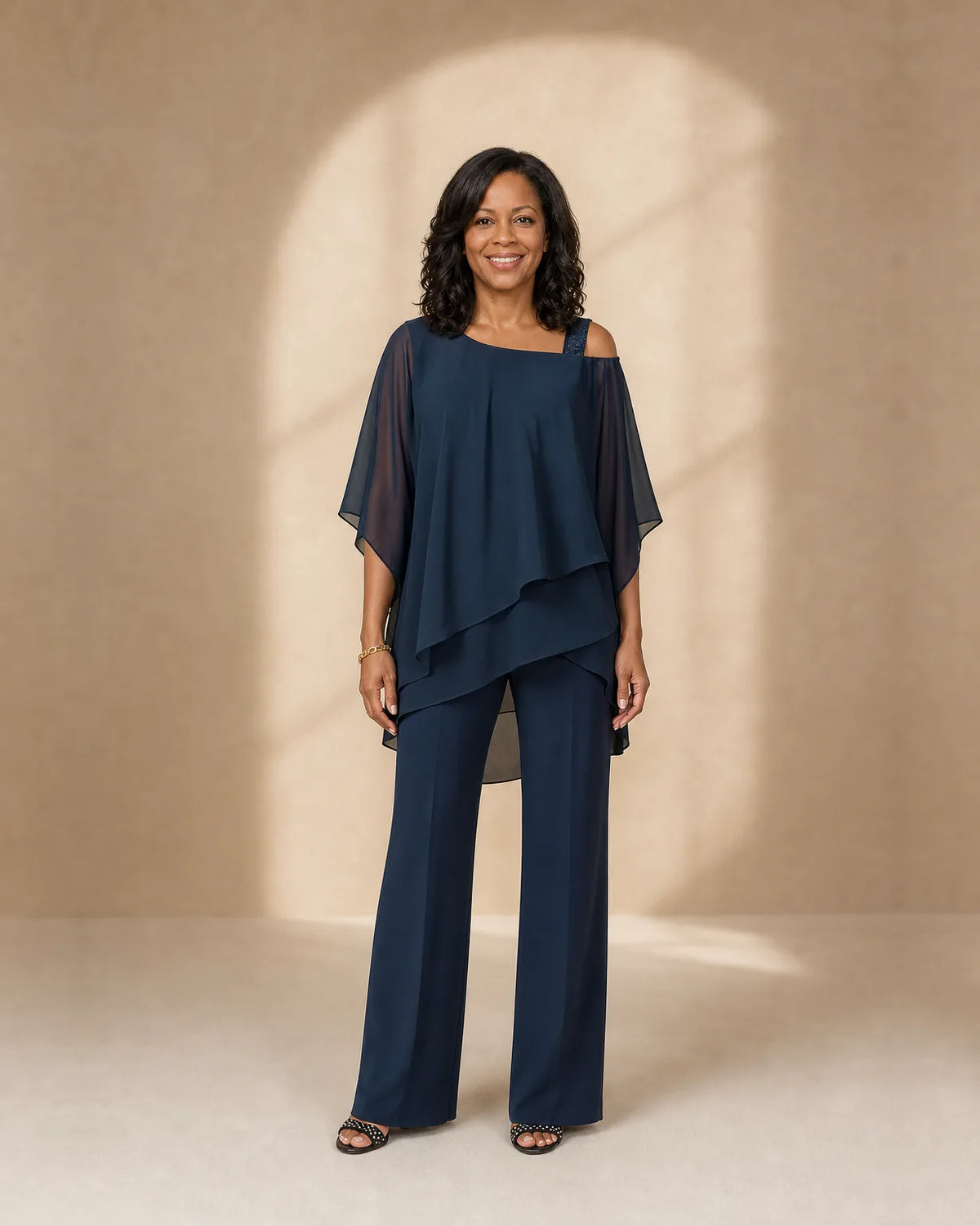 Women's two piece set with layered asymmetric top and wide-leg pants - view 4